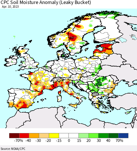 Europe CPC Soil Moisture Anomaly (Leaky Bucket) Thematic Map For 4/6/2023 - 4/10/2023