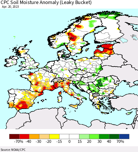 Europe CPC Soil Moisture Anomaly (Leaky Bucket) Thematic Map For 4/16/2023 - 4/20/2023