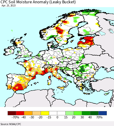 Europe CPC Soil Moisture Anomaly (Leaky Bucket) Thematic Map For 4/21/2023 - 4/25/2023