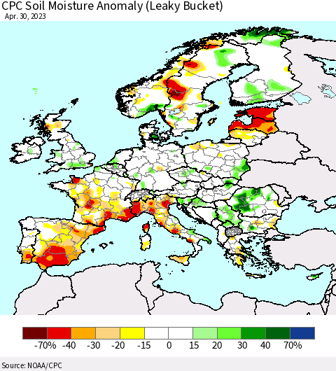Europe CPC Soil Moisture Anomaly (Leaky Bucket) Thematic Map For 4/26/2023 - 4/30/2023