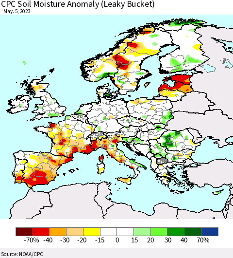 Europe CPC Soil Moisture Anomaly (Leaky Bucket) Thematic Map For 5/1/2023 - 5/5/2023