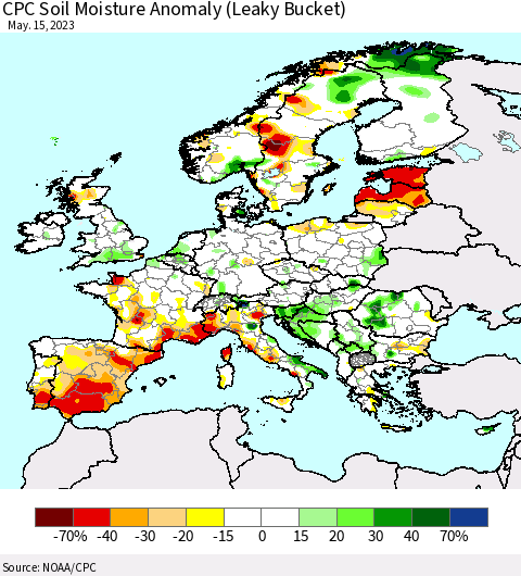 Europe CPC Soil Moisture Anomaly (Leaky Bucket) Thematic Map For 5/11/2023 - 5/15/2023