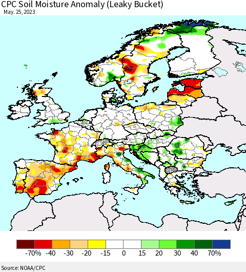 Europe CPC Soil Moisture Anomaly (Leaky Bucket) Thematic Map For 5/21/2023 - 5/25/2023