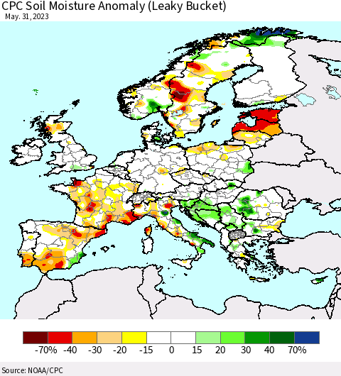 Europe CPC Soil Moisture Anomaly (Leaky Bucket) Thematic Map For 5/26/2023 - 5/31/2023