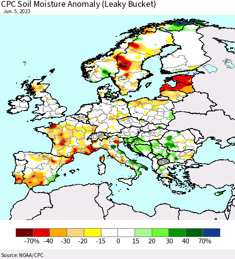 Europe CPC Soil Moisture Anomaly (Leaky Bucket) Thematic Map For 6/1/2023 - 6/5/2023