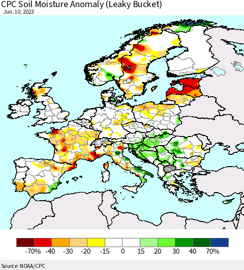 Europe CPC Soil Moisture Anomaly (Leaky Bucket) Thematic Map For 6/6/2023 - 6/10/2023