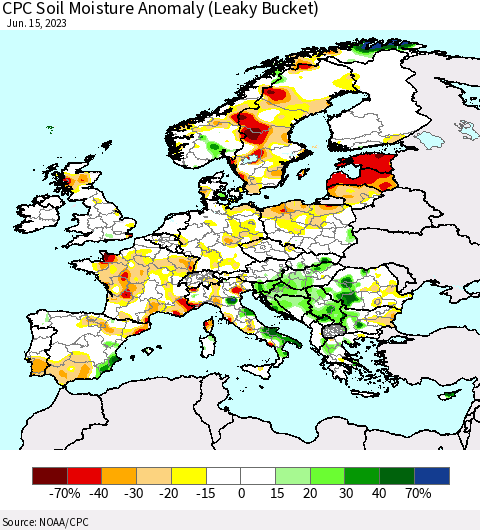Europe CPC Soil Moisture Anomaly (Leaky Bucket) Thematic Map For 6/11/2023 - 6/15/2023