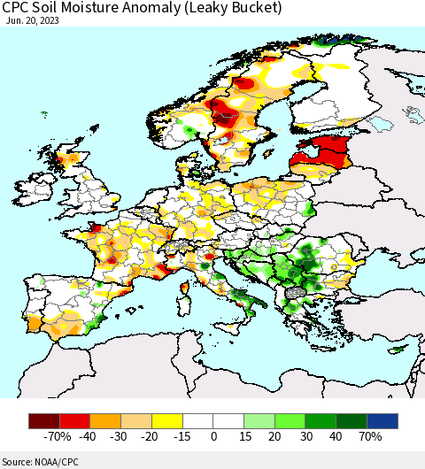 Europe CPC Soil Moisture Anomaly (Leaky Bucket) Thematic Map For 6/16/2023 - 6/20/2023