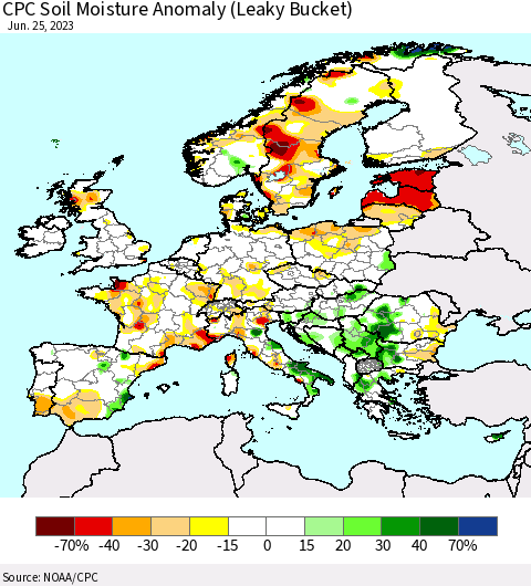 Europe CPC Soil Moisture Anomaly (Leaky Bucket) Thematic Map For 6/21/2023 - 6/25/2023