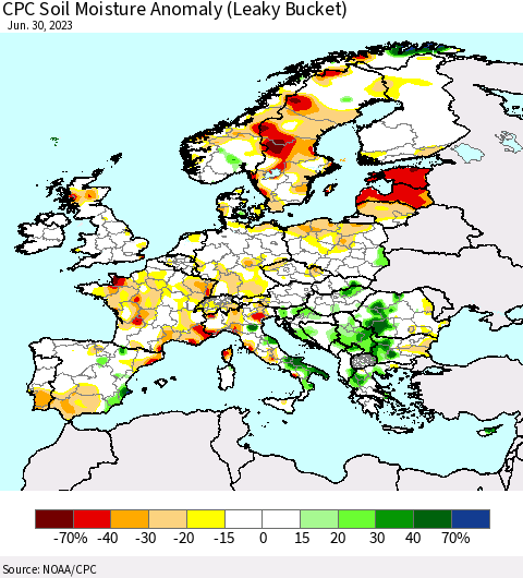 Europe CPC Soil Moisture Anomaly (Leaky Bucket) Thematic Map For 6/26/2023 - 6/30/2023