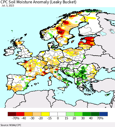 Europe CPC Soil Moisture Anomaly (Leaky Bucket) Thematic Map For 7/1/2023 - 7/5/2023