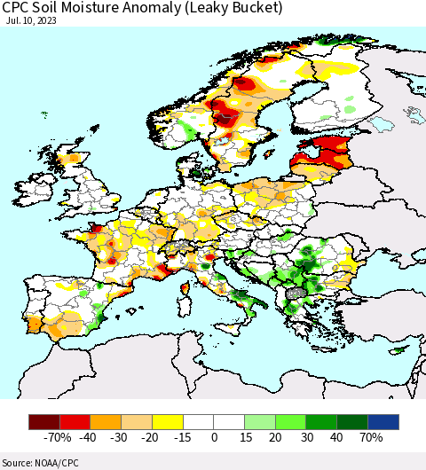 Europe CPC Soil Moisture Anomaly (Leaky Bucket) Thematic Map For 7/6/2023 - 7/10/2023