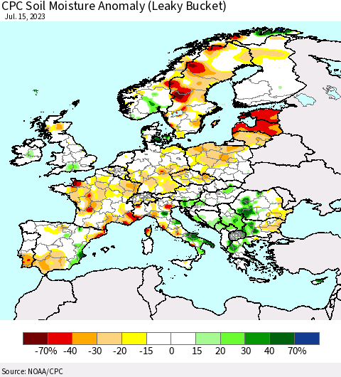 Europe CPC Soil Moisture Anomaly (Leaky Bucket) Thematic Map For 7/11/2023 - 7/15/2023
