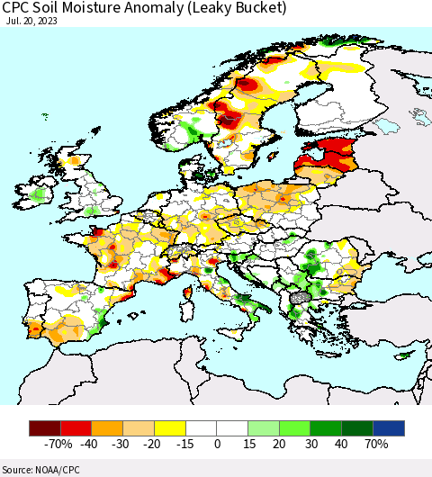 Europe CPC Soil Moisture Anomaly (Leaky Bucket) Thematic Map For 7/16/2023 - 7/20/2023