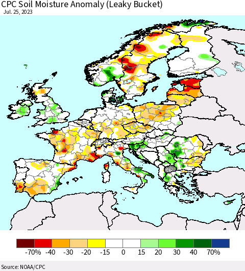 Europe CPC Soil Moisture Anomaly (Leaky Bucket) Thematic Map For 7/21/2023 - 7/25/2023