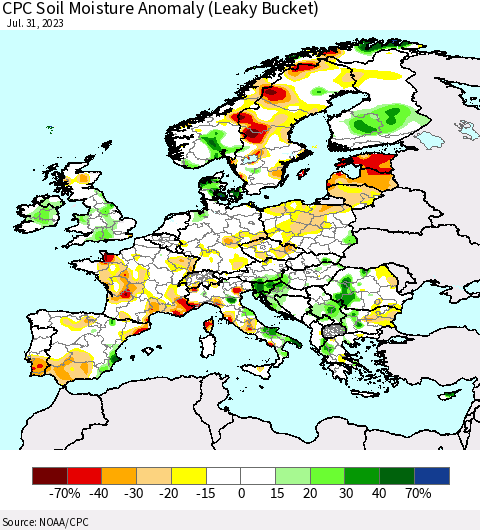Europe CPC Soil Moisture Anomaly (Leaky Bucket) Thematic Map For 7/26/2023 - 7/31/2023