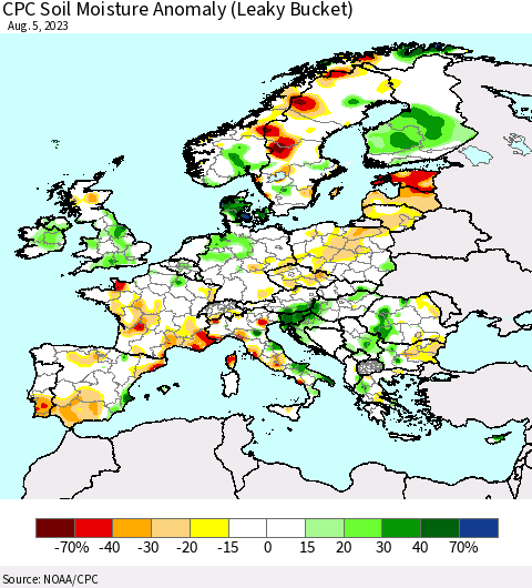 Europe CPC Soil Moisture Anomaly (Leaky Bucket) Thematic Map For 8/1/2023 - 8/5/2023