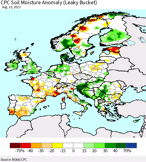 Europe CPC Soil Moisture Anomaly (Leaky Bucket) Thematic Map For 8/6/2023 - 8/10/2023