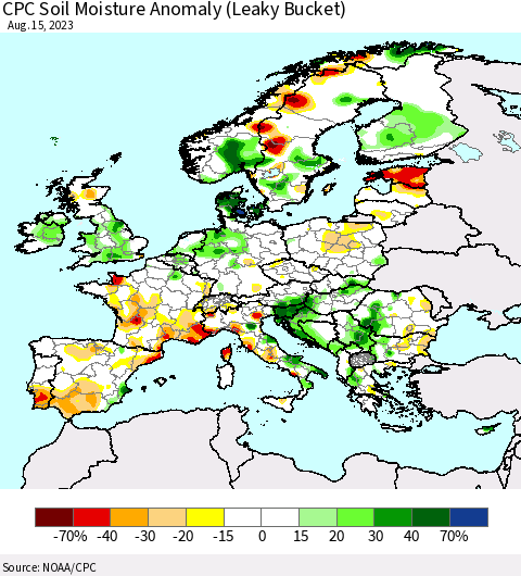 Europe CPC Soil Moisture Anomaly (Leaky Bucket) Thematic Map For 8/11/2023 - 8/15/2023