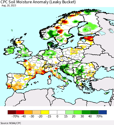 Europe CPC Soil Moisture Anomaly (Leaky Bucket) Thematic Map For 8/16/2023 - 8/20/2023