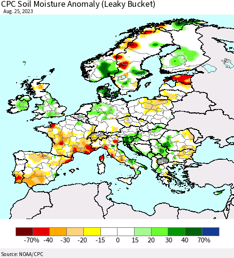 Europe CPC Soil Moisture Anomaly (Leaky Bucket) Thematic Map For 8/21/2023 - 8/25/2023