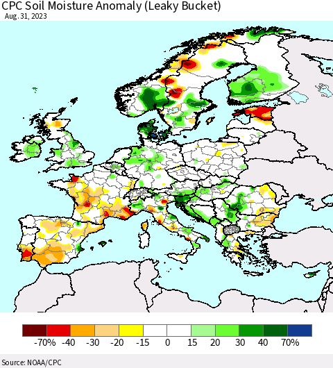 Europe CPC Soil Moisture Anomaly (Leaky Bucket) Thematic Map For 8/26/2023 - 8/31/2023