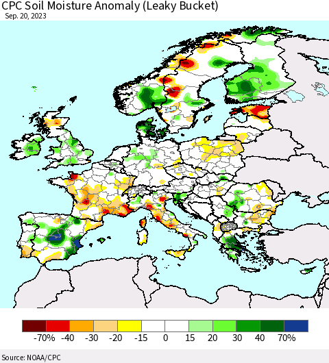 Europe CPC Soil Moisture Anomaly (Leaky Bucket) Thematic Map For 9/16/2023 - 9/20/2023