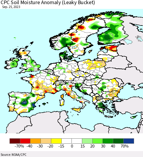 Europe CPC Soil Moisture Anomaly (Leaky Bucket) Thematic Map For 9/21/2023 - 9/25/2023