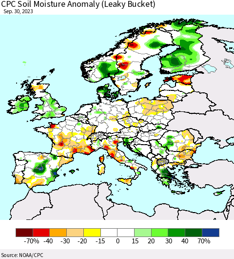 Europe CPC Soil Moisture Anomaly (Leaky Bucket) Thematic Map For 9/26/2023 - 9/30/2023