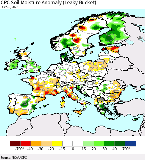 Europe CPC Soil Moisture Anomaly (Leaky Bucket) Thematic Map For 10/1/2023 - 10/5/2023