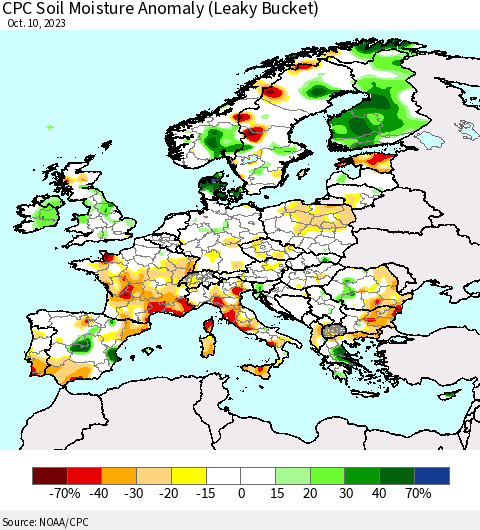Europe CPC Soil Moisture Anomaly (Leaky Bucket) Thematic Map For 10/6/2023 - 10/10/2023