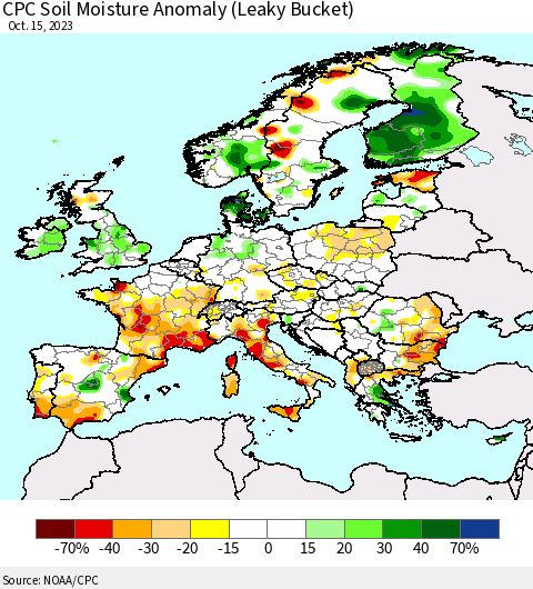 Europe CPC Soil Moisture Anomaly (Leaky Bucket) Thematic Map For 10/11/2023 - 10/15/2023