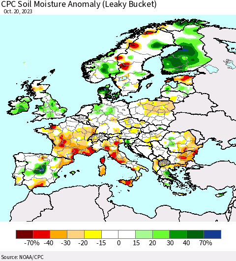 Europe CPC Soil Moisture Anomaly (Leaky Bucket) Thematic Map For 10/16/2023 - 10/20/2023