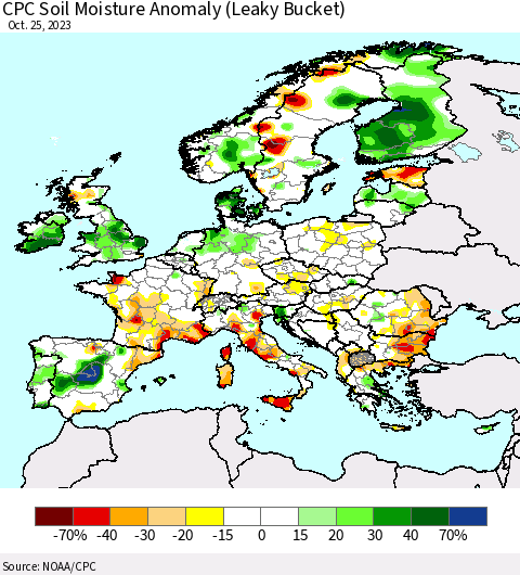 Europe CPC Soil Moisture Anomaly (Leaky Bucket) Thematic Map For 10/21/2023 - 10/25/2023