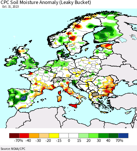 Europe CPC Soil Moisture Anomaly (Leaky Bucket) Thematic Map For 10/26/2023 - 10/31/2023