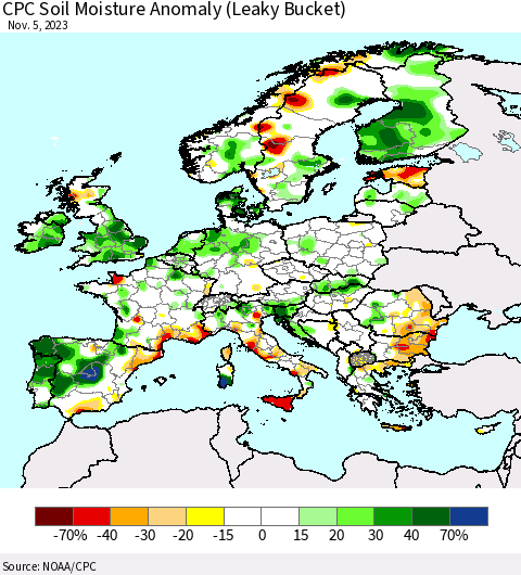 Europe CPC Soil Moisture Anomaly (Leaky Bucket) Thematic Map For 11/1/2023 - 11/5/2023