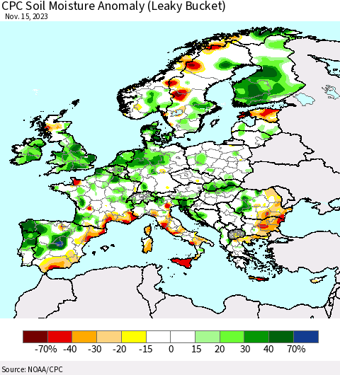 Europe CPC Soil Moisture Anomaly (Leaky Bucket) Thematic Map For 11/11/2023 - 11/15/2023