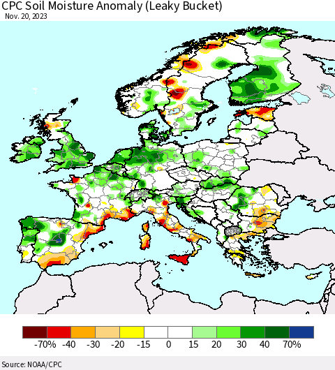 Europe CPC Soil Moisture Anomaly (Leaky Bucket) Thematic Map For 11/16/2023 - 11/20/2023