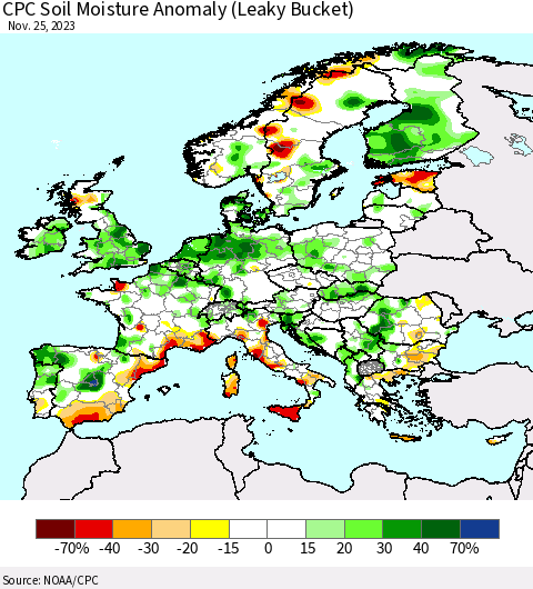 Europe CPC Soil Moisture Anomaly (Leaky Bucket) Thematic Map For 11/21/2023 - 11/25/2023