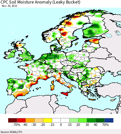 Europe CPC Soil Moisture Anomaly (Leaky Bucket) Thematic Map For 11/26/2023 - 11/30/2023
