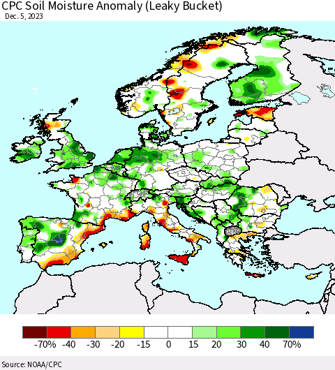 Europe CPC Soil Moisture Anomaly (Leaky Bucket) Thematic Map For 12/1/2023 - 12/5/2023