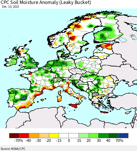 Europe CPC Soil Moisture Anomaly (Leaky Bucket) Thematic Map For 12/6/2023 - 12/10/2023