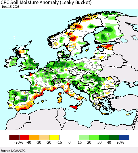 Europe CPC Soil Moisture Anomaly (Leaky Bucket) Thematic Map For 12/11/2023 - 12/15/2023
