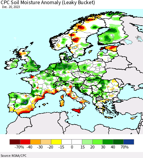 Europe CPC Soil Moisture Anomaly (Leaky Bucket) Thematic Map For 12/16/2023 - 12/20/2023