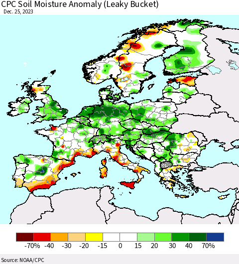 Europe CPC Soil Moisture Anomaly (Leaky Bucket) Thematic Map For 12/21/2023 - 12/25/2023