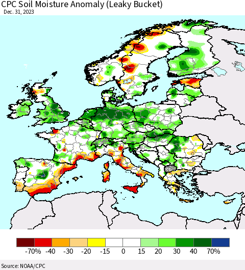 Europe CPC Soil Moisture Anomaly (Leaky Bucket) Thematic Map For 12/26/2023 - 12/31/2023
