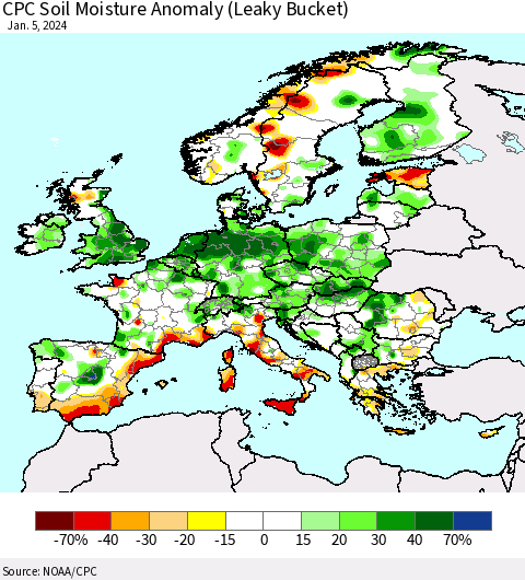 Europe CPC Soil Moisture Anomaly (Leaky Bucket) Thematic Map For 1/1/2024 - 1/5/2024