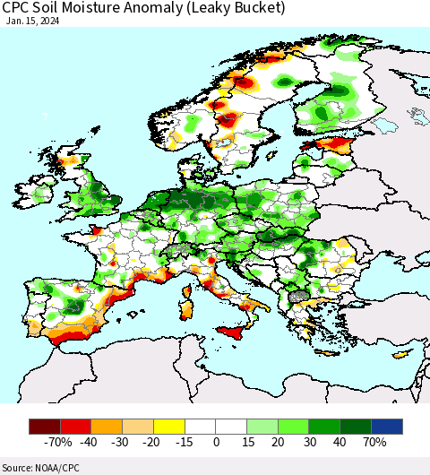 Europe CPC Soil Moisture Anomaly (Leaky Bucket) Thematic Map For 1/11/2024 - 1/15/2024