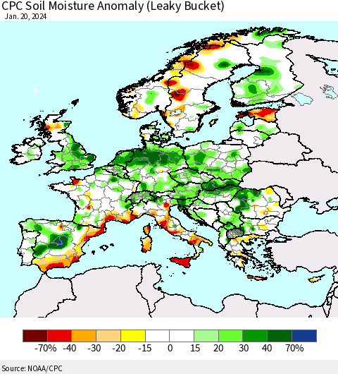 Europe CPC Soil Moisture Anomaly (Leaky Bucket) Thematic Map For 1/16/2024 - 1/20/2024
