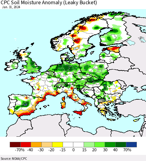 Europe CPC Soil Moisture Anomaly (Leaky Bucket) Thematic Map For 1/26/2024 - 1/31/2024